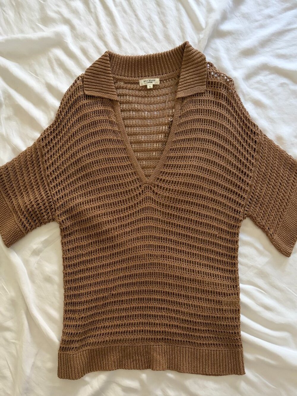 NWOT Max Studio Open Knit V Neck Caramel Tan Sweater Size S